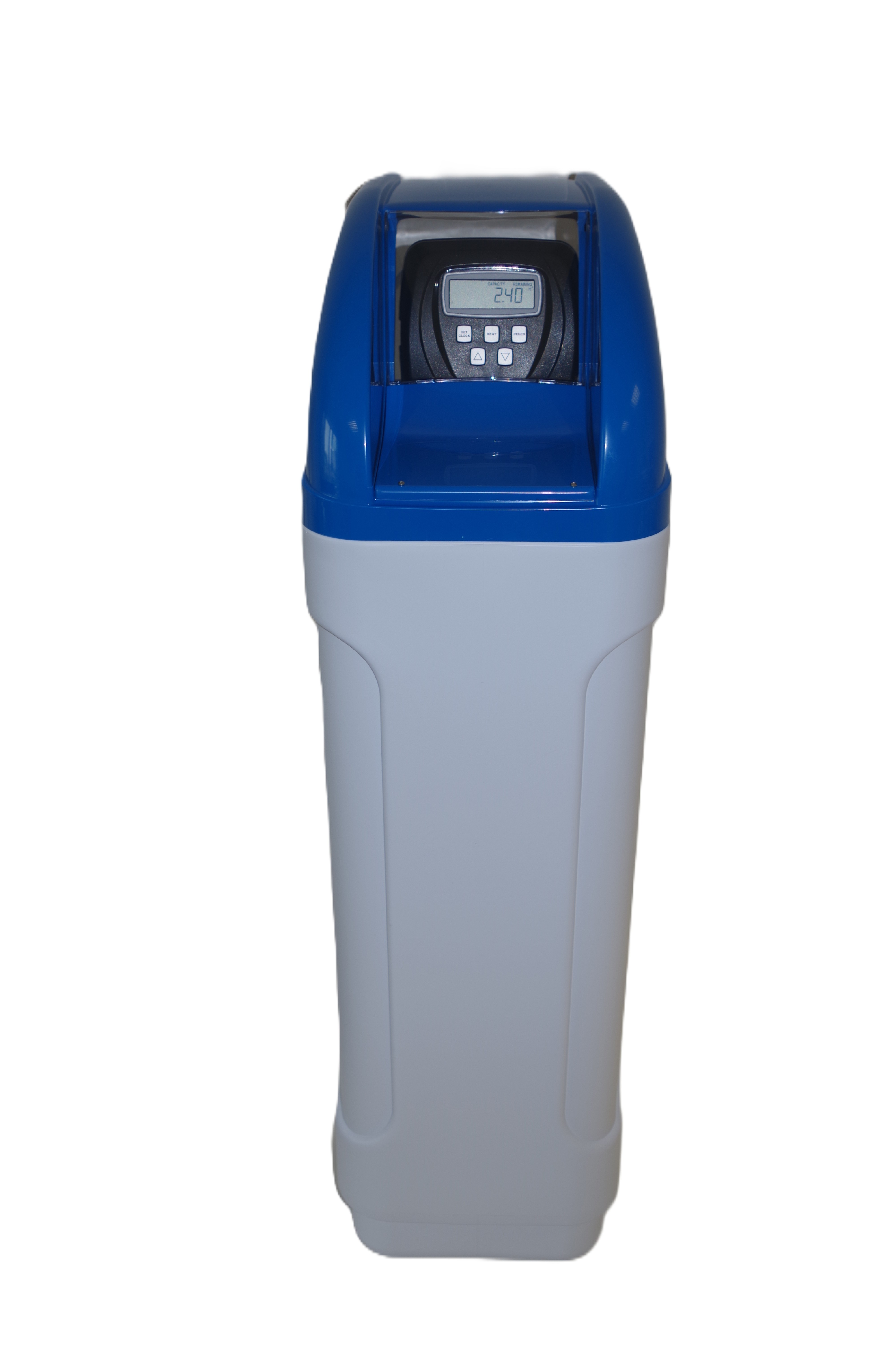 Cabinet-type water softener, side view, full view of the unit, display screen slightly visible